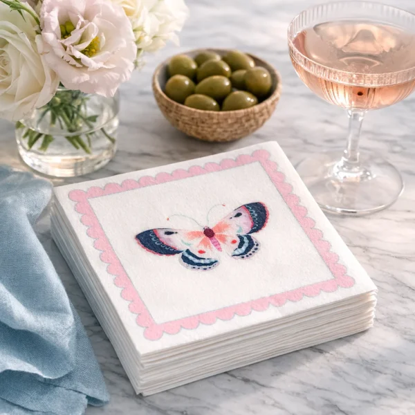 Linen-Feel Cocktail Napkins, Pink Butterfly