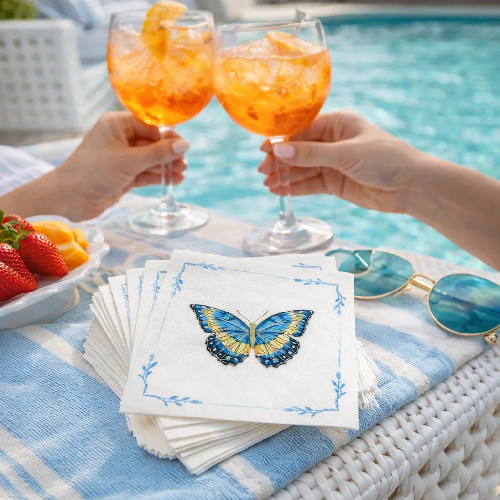 Linen-Feel Cocktail Napkins, Blue Butterfly - 3