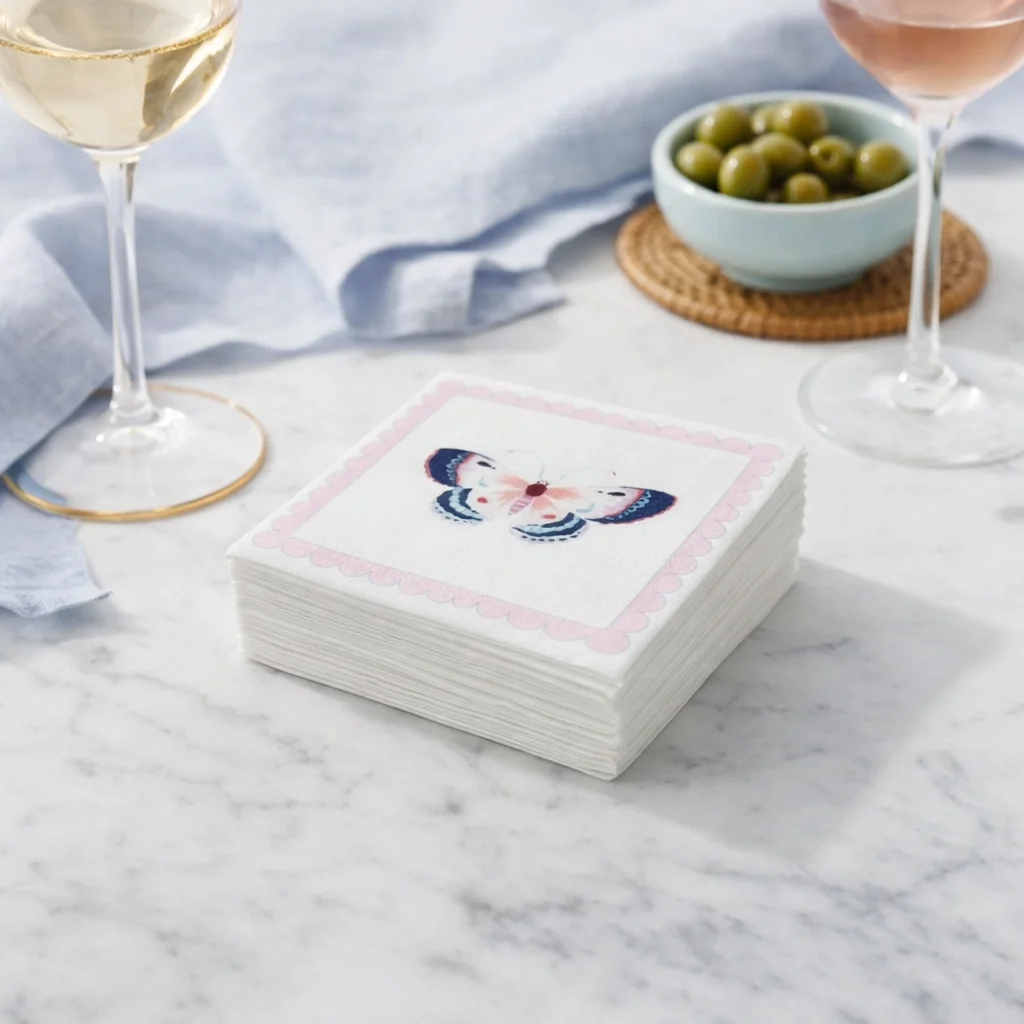 Linen-Feel Cocktail Napkins, Pink Butterfly - 2
